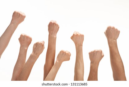 Group of hands (fists) raised up