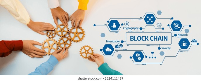 A group of hands gathered around wooden gears symbolizes teamwork in blockchain technology and highlights its impact on security and modern systems in this conceptual image. Amity