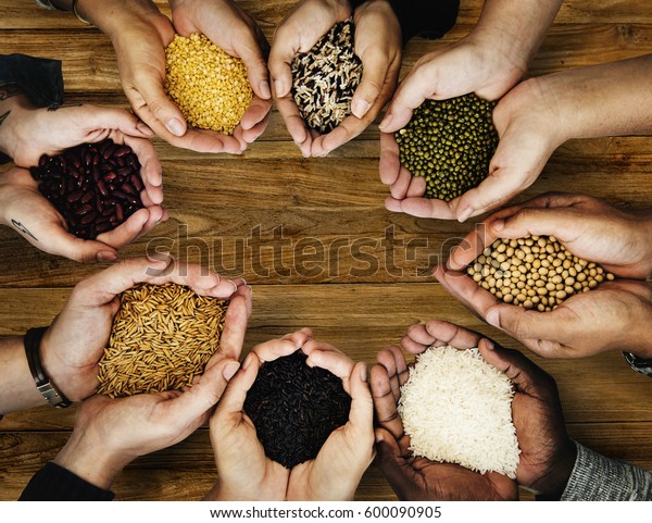 Group\
of hands holding healthy food agricultural\
product