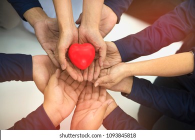 Group of hands holding red heart, health care, love, organ donation, family insurance and CSR concept