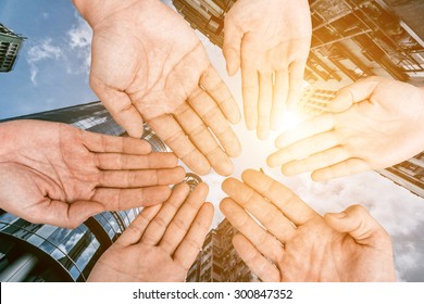 Group of hands holding together, conept of all, team, together etc.