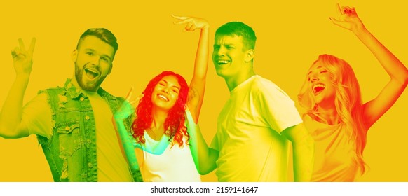 Group of happy beautiful young people having fun on studio background, cheerful millennial men and women gesturing and grimacing, showing positive emotions, dancing, collage, panorama - Shutterstock ID 2159141647