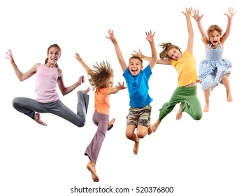 Group of happy cheerful sportive barefoot children kids jumping and dancing. Kids group portrait isolated over white background. Childhood, freedom, happiness, dance, movement, action, sport concept. - Shutterstock ID 520376800