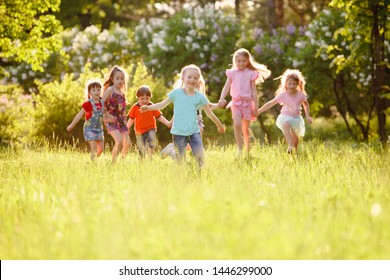 A group of happy children of boys and girls run in the Park on the grass on a Sunny summer day . The concept of ethnic friendship, peace, kindness, childhood - Shutterstock ID 1446299000