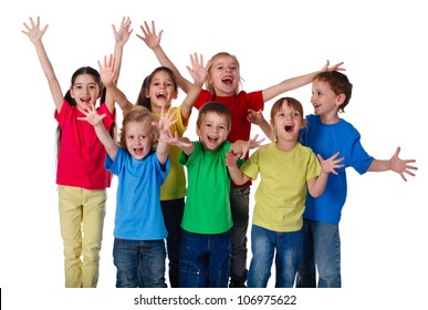 Group Of Happy Children With Hands Up Sign, Isolated On White