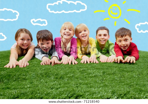 Group Happy Children Lying On Grass Stock Photo (Edit Now) 71218540