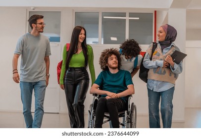 A group of happy diverse college students are walking in the university hallway. - Powered by Shutterstock