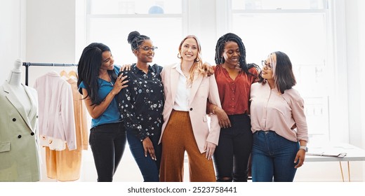 Group of happy diverse women, including African American, standing together, smiling. Women in business attire smiling, showcasing diversity, happiness and unity among women. Small business team. - Powered by Shutterstock