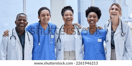 Group, happy doctors and healthcare portrait for hospital services, mission and diversity values. Support, love and laughing nurses, medical professional employees or face of USA clinic staff success