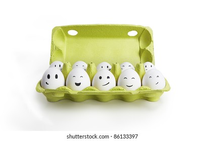 Group of happy eggs with smiling faces representing a social network. Ten white eggs in a carton box. Isolated on a white background - Powered by Shutterstock