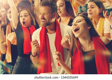 Group of happy fans are cheering for their team victory. - Shutterstock ID 1344335699