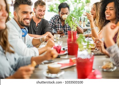 Group Of Happy Friends Drinking Coffee And Cappuccino At Bar Cafe - Young Students People At Breakfast Eating And Drinking Hot Beverage - Friendship And Food Concept - Focus On Blond Hair Man Face