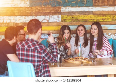 Group Of Happy Friends Having Fun Taking Selfie At Brewery Bar Restaurant Sharing Pizza And Drinking Limonade - Z Generation Friendship Concept With Young Millenial People Hanging Out Together