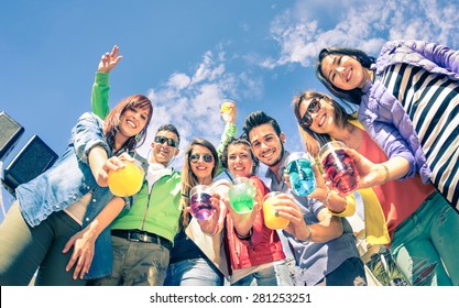 Group Of Happy Friends Having Fun Together At Pre Dinner Cocktail Party Outdoor - Friendship Concept  With Guys And Girls At Spring Break Cheering For Upcoming Summer - Vintage Saturated Filtered Look