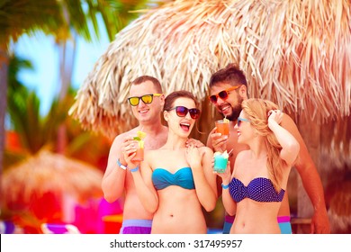 Group Of Happy Friends Having Fun On Tropical Beach, Summer Holiday Party