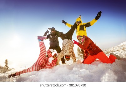 Group Happy Friends Skiers Snowboarders Having Stock Photo 381078730 ...