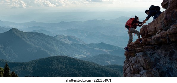 Group of happy hiker jumping on the hill. hiking holiday, wild adventure - Powered by Shutterstock