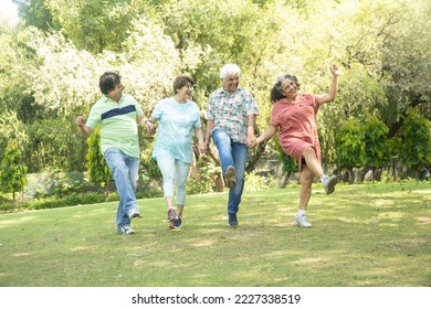 Group of happy indian senior men and women laughing and dancing together in summer park. Retirement life, retired people enjoying in garden. having fun. - Shutterstock ID 2227338519