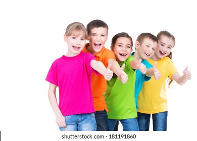 Group Of Happy Kids With Thumb Up Sign In Colorful T-shirts Standing Together -  Isolated On White.