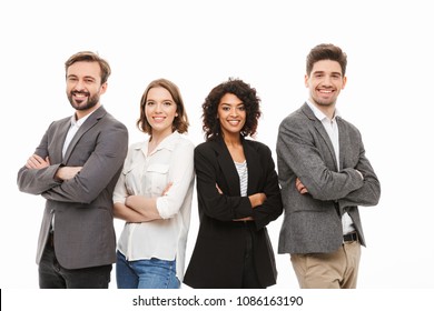 Group Of Happy Multiracial Business People Standing With Arms Folded Isolated Over White Background