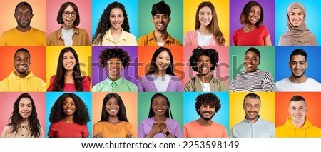 Group of happy people of different nationalities and cultures posing over colorful backgrounds, creative collage with diverse multiethnic men and women looking and smiling at camera, panorama