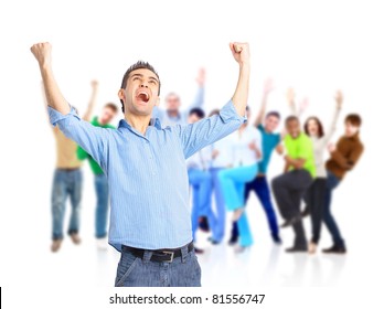 Group Of Happy People Hugging And Cheering