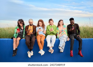 A group of happy people outdoors are sitting on a blue wall, looking at their phones. The sky is blue and the grass is green, creating a peaceful atmosphere. LGBT friends using mobile cell