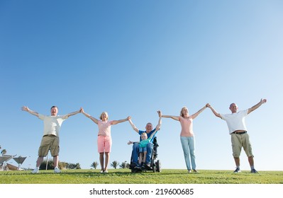 Group of Happy People smiling and show unity with disabled man. - Shutterstock ID 219600685