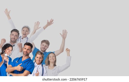 Group of happy smiling doctors raising their arms on gray background with copy space for text - Shutterstock ID 2206765917