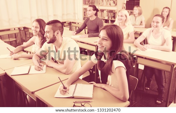 Group Happy Students Their Desks College Stock Photo Edit Now