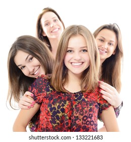 Group Of Happy Teen Girls, Over White Background