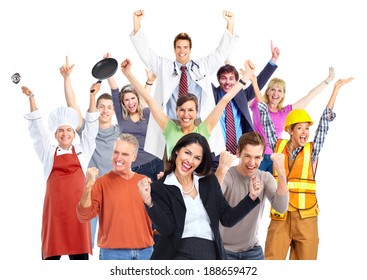 Group of happy workers people isolated on white background. - Shutterstock ID 188659472