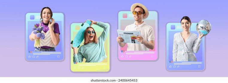 Group of happy young bloggers on lilac background - Powered by Shutterstock