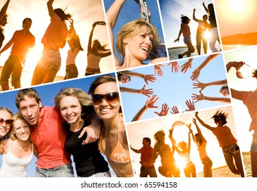 Group Of Happy Young People Dancing At The Beach On  Beautiful Summer Sunset. Collage