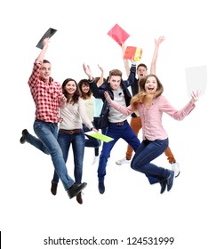 Group Of Happy Young People Jumping - Isolated Over A White Background