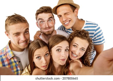 Group Of Happy Young Teenager Students Taking Selfie Photo Isolated On White Background