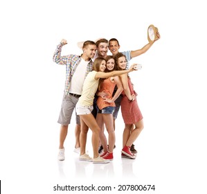 Group Of Happy Young Teenager Students Taking Selfie Photo Isolated On White Background