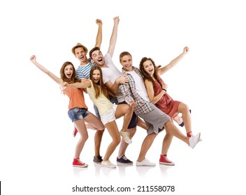 Group Of Happy Young Teenager Students Having Fun, Isolated On White Background. Best Friends