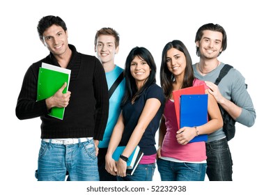 Group Of Happy Young Teenager Students Standing And Smiling With Books And Bags Isolated On White Background.