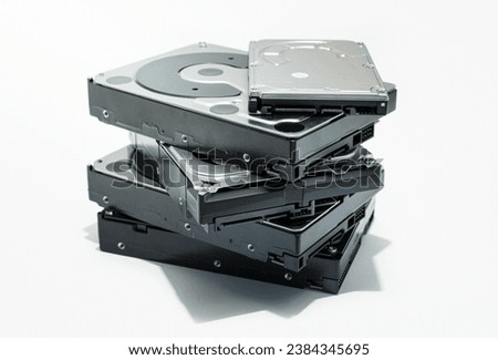 Group of Hard disk drive HDD isolated on white background. Computer hardware data storage.