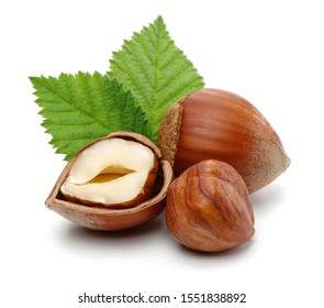 Group of hazelnuts with green leaves isolated on white background - Shutterstock ID 1551838892