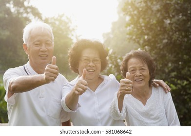 Group Of Healthy Asian Seniors Retiree Giving Thumbs Up At Outdoor Nature Park, In Morning Beautiful Sunlight At Background.