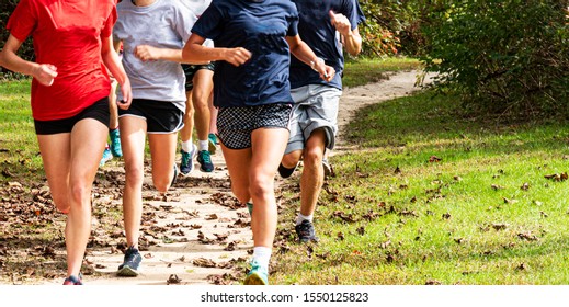 A Group Of High School Cross Country Runners Are Running Fast Training On A Dirt Path Covered In Leaves In The Woods.