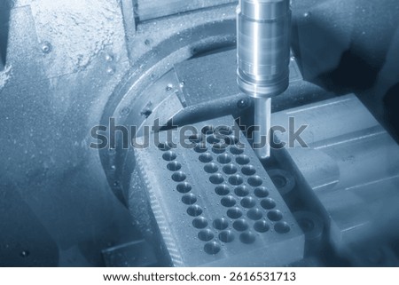The group of hole drilling process machining center in the light blue scene. The CNC milling machine hole drilling process by drill tools.