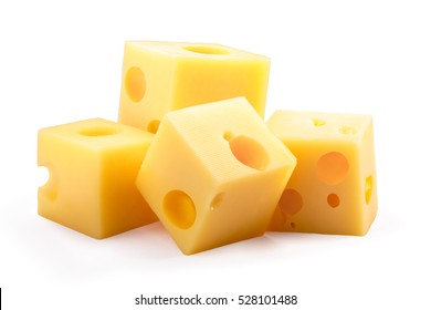 Group Of Holey Swiss Or Dutch Cheese Cubes. Clipping Paths, Shadow Separated