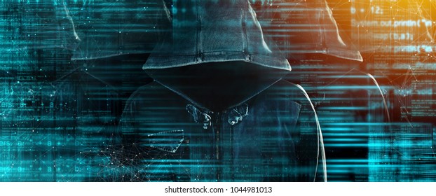 Group of hooded computer hackers with obscured faces lined up in formation as army soldiers. Programmers, internet experts and cybersecurity technicians joined for common goal.
