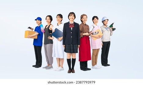 A group of identical people wearing uniforms of different professions. Change of jobs. Course. Vocational school. Wide angle visual for banners or advertisements. - Powered by Shutterstock