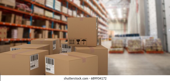 Group of illustrated cardboard boxes against cardboard boxes on rack - Powered by Shutterstock