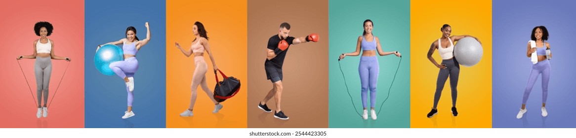 A group of individuals showcases different exercises from skipping rope to boxing, each portrayed against vibrant, solid-colored backdrops. The dynamic poses highlight fitness diversity. - Powered by Shutterstock