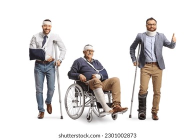 Group of injured men with crutches and a wheelchair isolated on white background